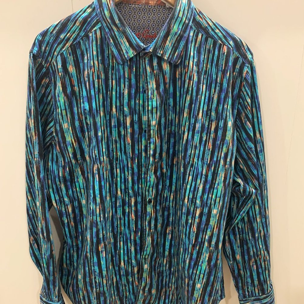 Robert Graham Men's Unique Button Down Blue Matrix Pattern Shirt Classic Fit XL
